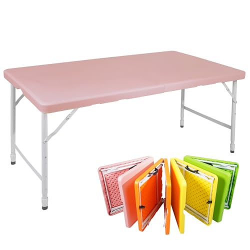 Pink 4 FT Folding Plastic Table with Carry Handle - Indoor/Outdoor Portable Rectangle Table