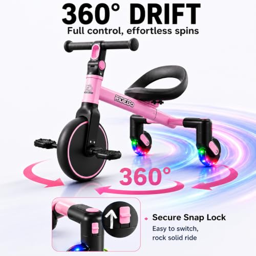 Ridego 3-in-1 Toddler Tricycle Pink for Ages 2-5 with Drift & Walker Modes