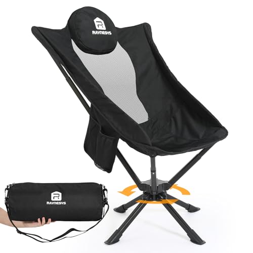 Black 360° Rotation Camping Chair with Cup Holder & High Back Support