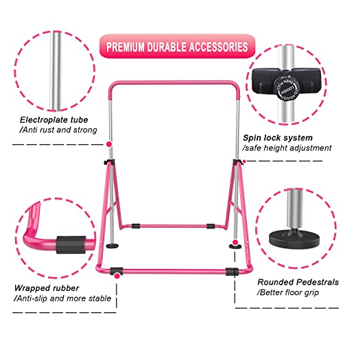 Pink Adjustable Kids Gymnastics Bar for Home, Foldable & Stable Training Equipment