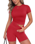 Red Short Workout Sets for Women - Summer Casual Gym & Lounge Outfit 2 Piece