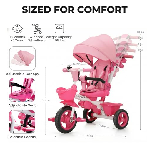 Pink 7-in-1 Toddler Tricycle with Swivel Seat & Push Handle - Baby Ride-on 18M-5Y