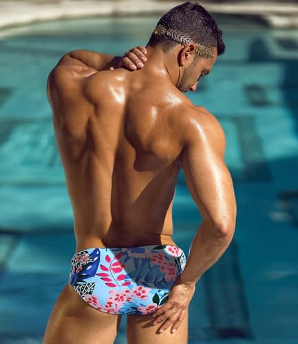 Men Swimsuit Bikini Briefs with Adjustable Drawstring - Large Flowerblue