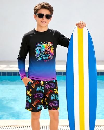 Boys Two Piece Rash Guard Swim Set - Long Sleeve Swimsuit & Trunks, 14-16 Years Variation