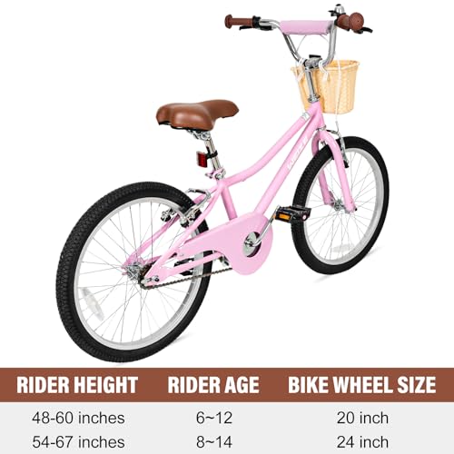 Kids Cruiser Bike 20 Inch Pink for Girls - Lightweight Steel Frame & Front Basket