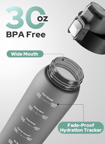 Opard Zip 30oz Plastic Water Bottle - Charcoal Black, Leakproof, BPA-Free, Dishwasher Safe, Wide Mouth, Reusable Sports Bottle for Gym Hiking & Travel