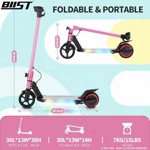 BIIST Pink Foldable Electric Scooter for Kids 200W LED Lights UL2272