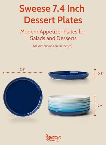 Sweese Blue Series 7.4 Inch Porcelain Dessert Plates Set of 6 - Salad & Appetizer