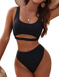 Women's High Waisted Bikini Set Cut Out Bathing Suit Large Dark Black