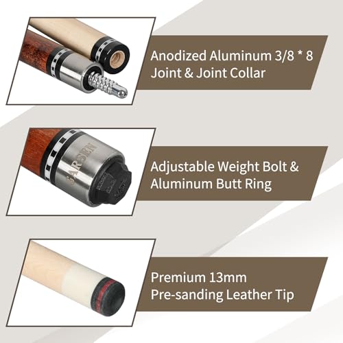 6A Canadian Maple Pool Cue Stick 58 Inch with Leather Tip & Case - Brown Variation