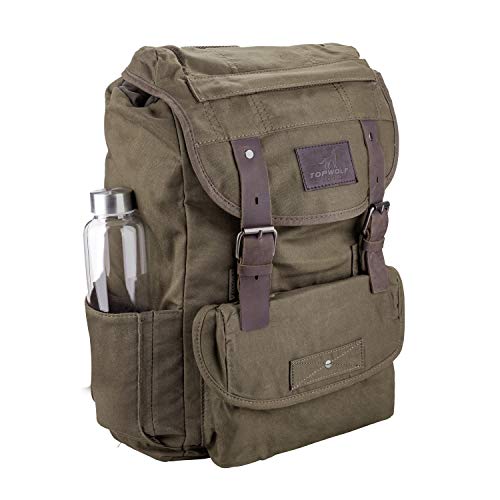 Green Waterproof Waxed Canvas Backpack for Men Travel Rucksack with Leather Trim - One Size