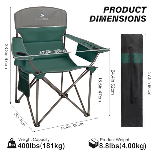 Dark Green Oversized Camping Chairs 2 Pack with Cooler, Cup Holders & Padded Seats