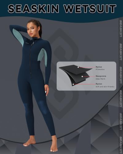 Navy Blue 3mm Neoprene Wetsuit for Women - Full Body Diving Suit with Front Zip