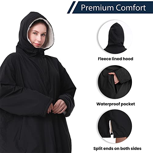 Waterproof Swim Poncho with Sherpa Lining - Windproof Surf Parka, One Size, Black