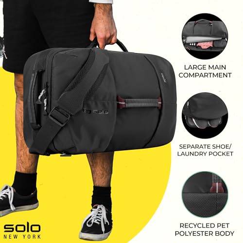 Solo New York Black Travel Backpack Duffel - Convertible Carry-On for Men & Women