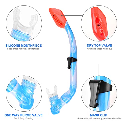 Kids Snorkel Set with Tempered Glass Mask Dry Top Snorkeling Gear Blue - Ages 5-15