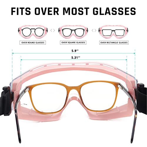 UKNOW Safety Goggles Over Glasses Pink - Anti-Fog Clear Lens, ANSI Z87.1 Certified Eye Protection