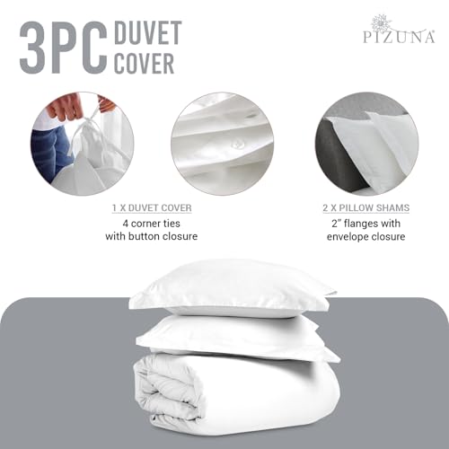 Pizuna White Queen Duvet Cover Set - 600 Thread Count Cotton, Includes 1 Duvet & 2 Pillow Shams