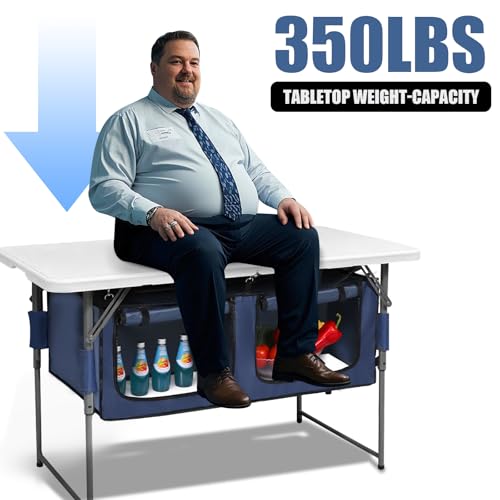 4ft Foldable Camping Table with Adjustable Height & Storage Organizer