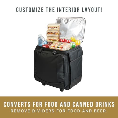 Rolling Wine Cooler Tote - Insulated 12-Bottle Cooler with Wheels & Pockets - Black - Cooler