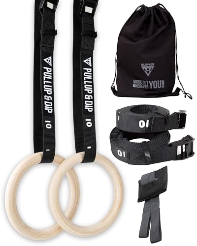 Pullup & Dip Wooden Gymnastic Rings Set with Wide Straps & Door Anchor - Calisthenics & Crossfit Equipment for Indoor & Outdoor Training