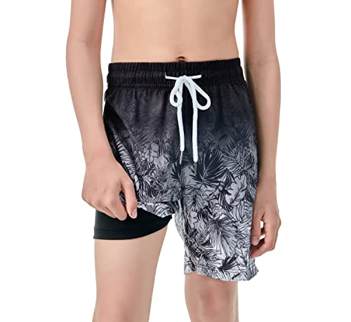 Boys 2-in-1 Swim Trunks Boxer Brief Liner - 14-16 Leaf Pattern, Quick Dry