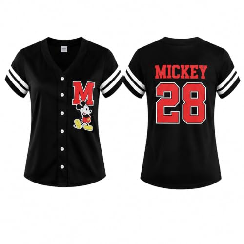 Women's Baseball Jersey - Large Black Mickey Graphic Short Sleeve Button Down