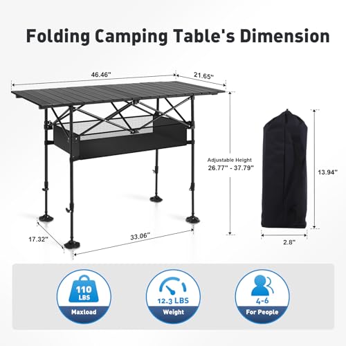 Alpha Camp Tall Folding Camping Table with Adjustable Height & Storage Mesh Basket