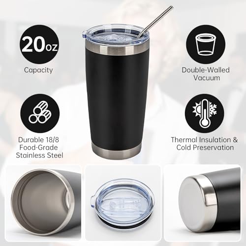 Black 20oz Stainless Steel Insulated Tumblers Bulk Pack with Lids & Straws - 32 Count