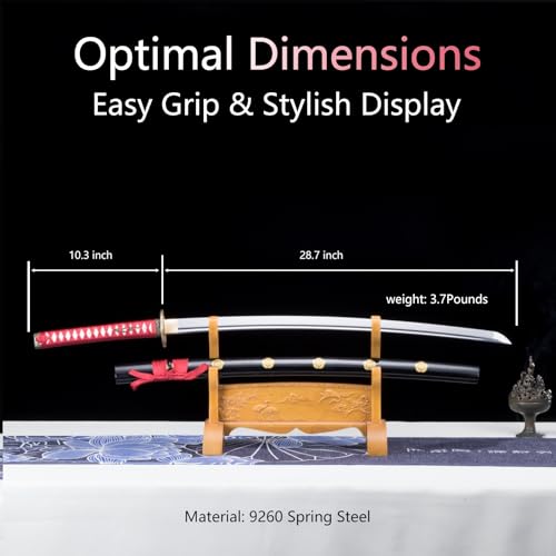 Red Handmade Samurai Katana Sword - Full Tang, Clay Tempered Spring Steel, Plum Blossom Design, for Practice & Collection