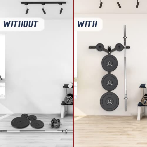 Wall Mounted Weight Plate Rack & Barbell Holder - Heavy Duty Steel, Black (Yes4All 6 Pegs & 4 Barbell Storage, Load up to 1190 lbs) - A. Black