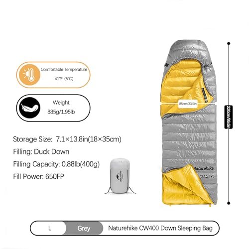 Naturehike Large Grey Ultralight Down Sleeping Bag 3-4 Season for Adults & Kids