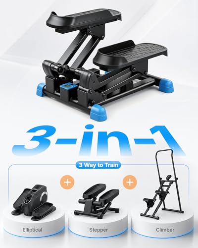 Mini Stepper Exercise Machine with Large Stride & Resistance Bands - Black & Blue