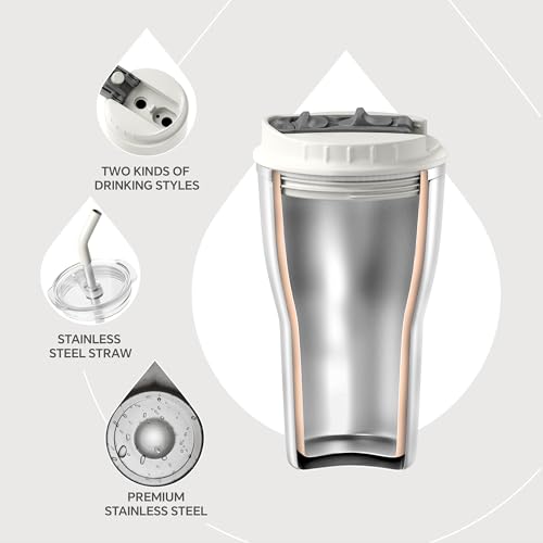 IDEUS 14 oz Insulated Stainless Steel Travel Tumbler with Lid & Straw - White