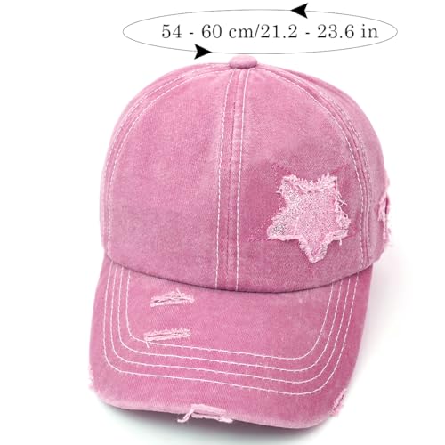 Pink Messy Bun Ponytail Baseball Cap for Women - Washed Cotton Hat