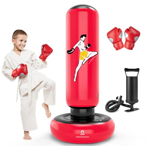 Kids Inflatable Punching Bag with Gloves - 66 Inches, Red