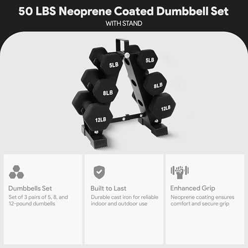50LBS Neoprene Dumbbell Set with Rack - Non-Slip Hexagon Weights for Home Gym