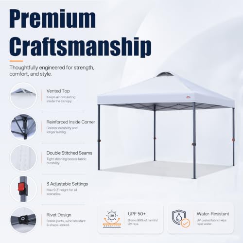 10x10 Pop Up Canopy Tent with Roller Bag - White, Easy Setup, Waterproof & Sunproof