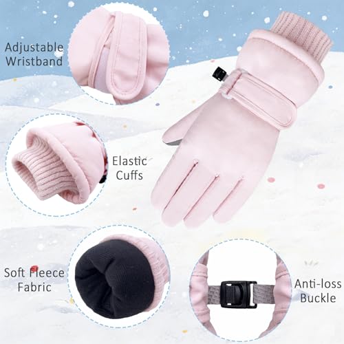 Kids Winter Gloves Waterproof Fleece Ski Snowboard Mittens Pink Medium