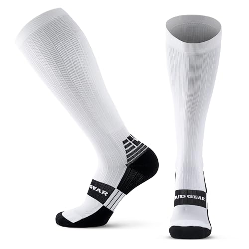 Large White MudGear Graduated Compression Socks - Sweat-Resistant, Cushioned Footbed, USA Made