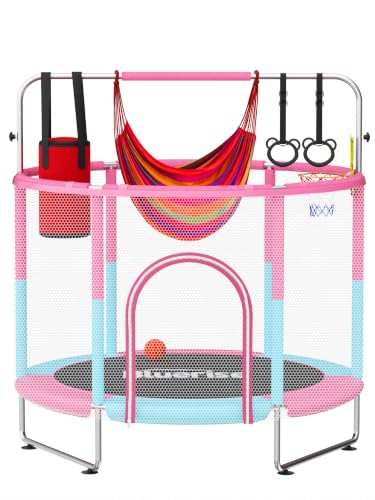 Kids Indoor & Outdoor Trampoline 55 Inch with Safety Enclosure Pink/Blue - 6-in-1 Play Set