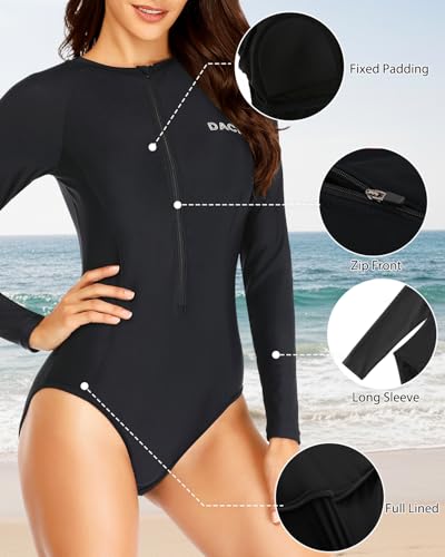 Daci Women Long Sleeve Swimsuit Rash Guard with Built-in Bra UPF 50+ - Medium Black