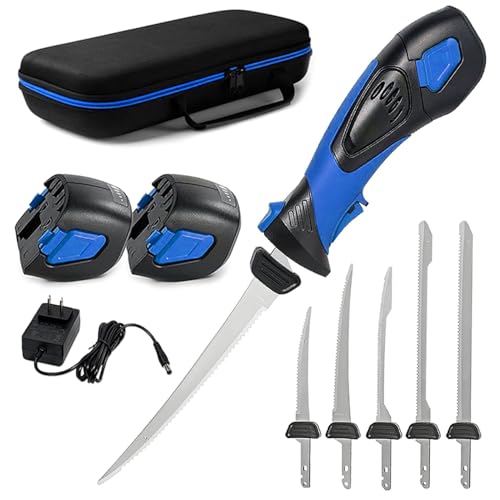Pratuor Blue Cordless Fillet Knife Kit - 5 Titanium-Coated Blades, Rechargeable, Portable Fish Cleaning Tool