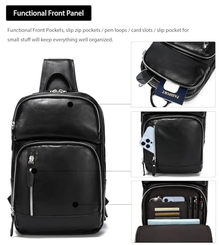 LANNSYNE Black Full Grain Leather Sling Bag for Men - Fits 12.9-inch iPad Crossbody Chest Pack