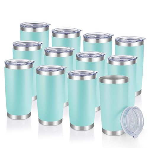 Turquoise 20 oz Stainless Steel Tumblers Bulk Set with Lids - 12 Pack
