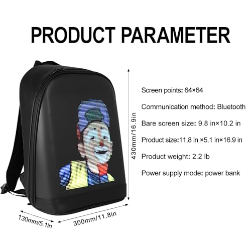LED Customizable Photo Icon Backpack Black Water-Resistant Travel Bag with USB Port