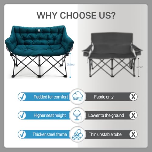 Ever Advanced Green Double Camping Chair with Padded Seat & Side Pocket - Supports 600lbs, Foldable, 2 Person Outdoor Couch, Upgraded 47.2x20.5x37.4