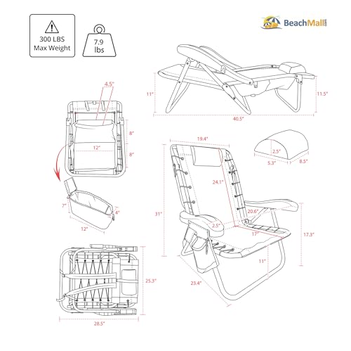 BeachMall Navy Heavy Duty Aluminum Folding Beach Chair with Cooler - 11-inch Seat Height, 5 Recline Positions, Backpack Design