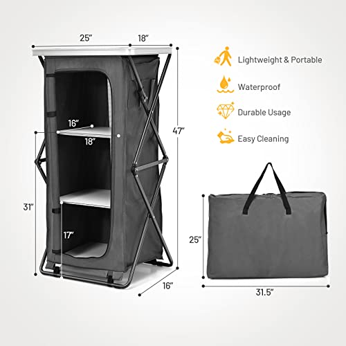 Grey 47-Inch Folding Camping Storage Cabinet with 3 Shelves and Carry Bag