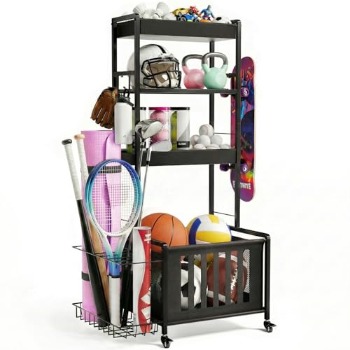 Faesun Small Sports Equipment Organizer - 4-Tier Ball & Gear Storage Cart with Wheels